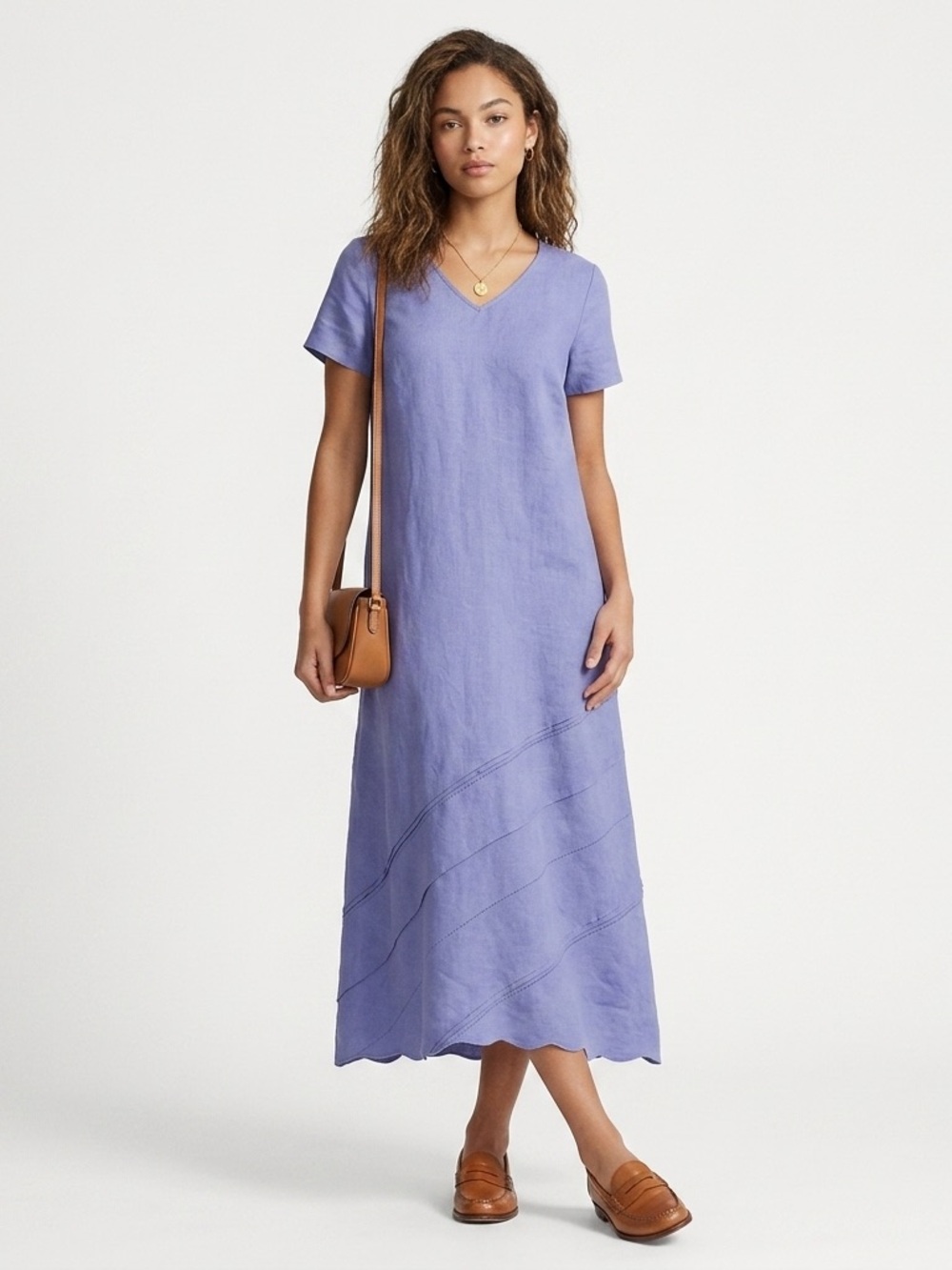 Bridgewater Studio Scalloped Hem Maxi Dress 100% Linen Periwinkle Blue 18W